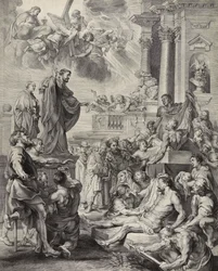 Mirakel av Saint Francis Xavier; Saint Francis Xavier återupplivar en död person (gravyr på lagt papper)